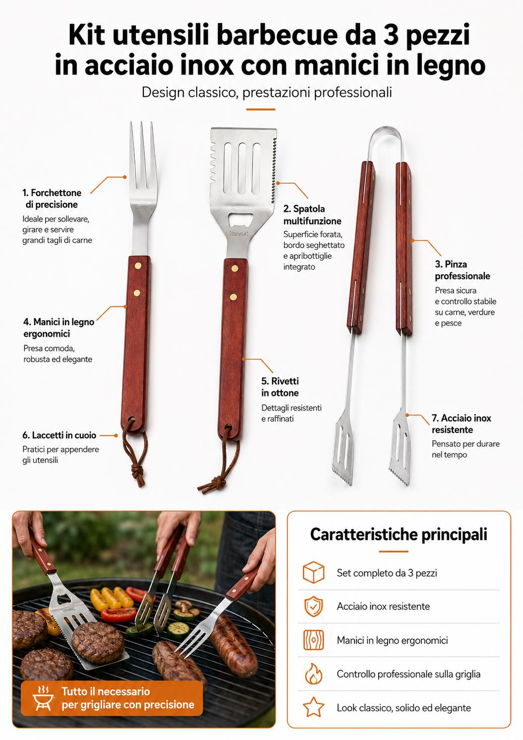 boxob kit utensili barbecue da 3 pezzi in acciaio inox con manico in legno ean 8055594872320