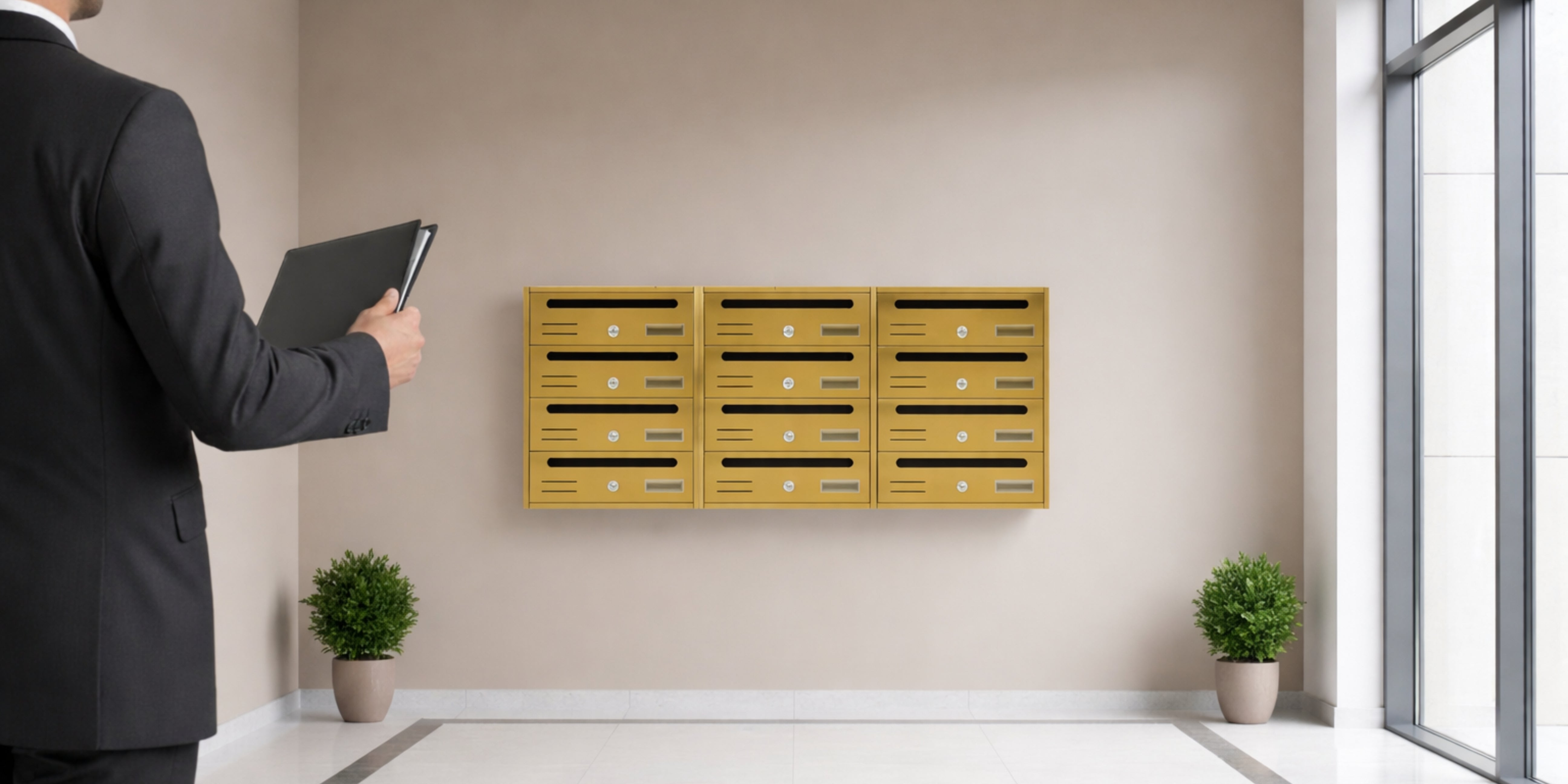 Amministratore di condominio che osserva cassette postali condominiali in metallo installate in ingresso moderno e ordinato