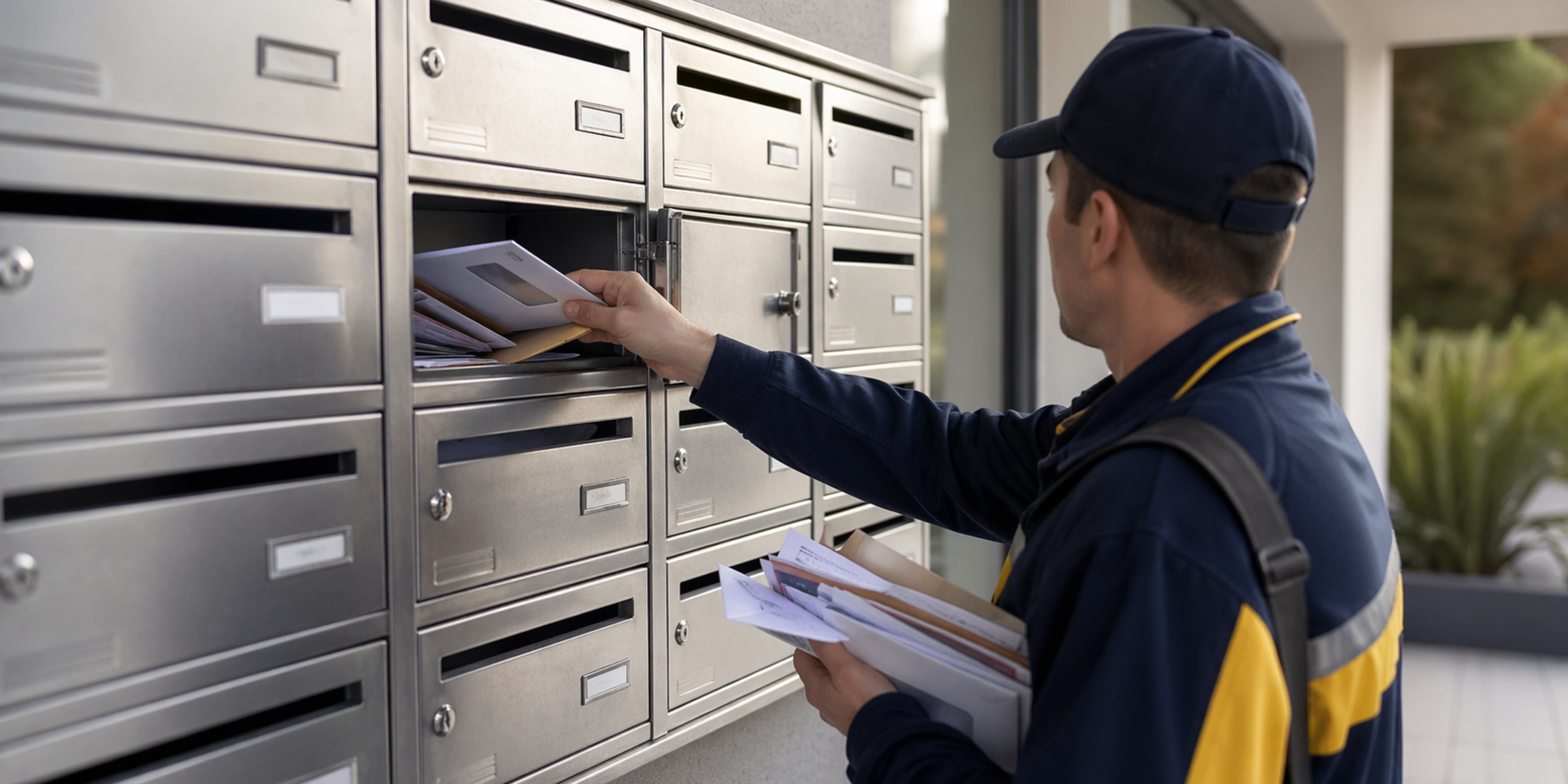 Postino che consegna lettere nelle cassette postali condominiali in acciaio installate all’ingresso di un edificio residenziale moderno
