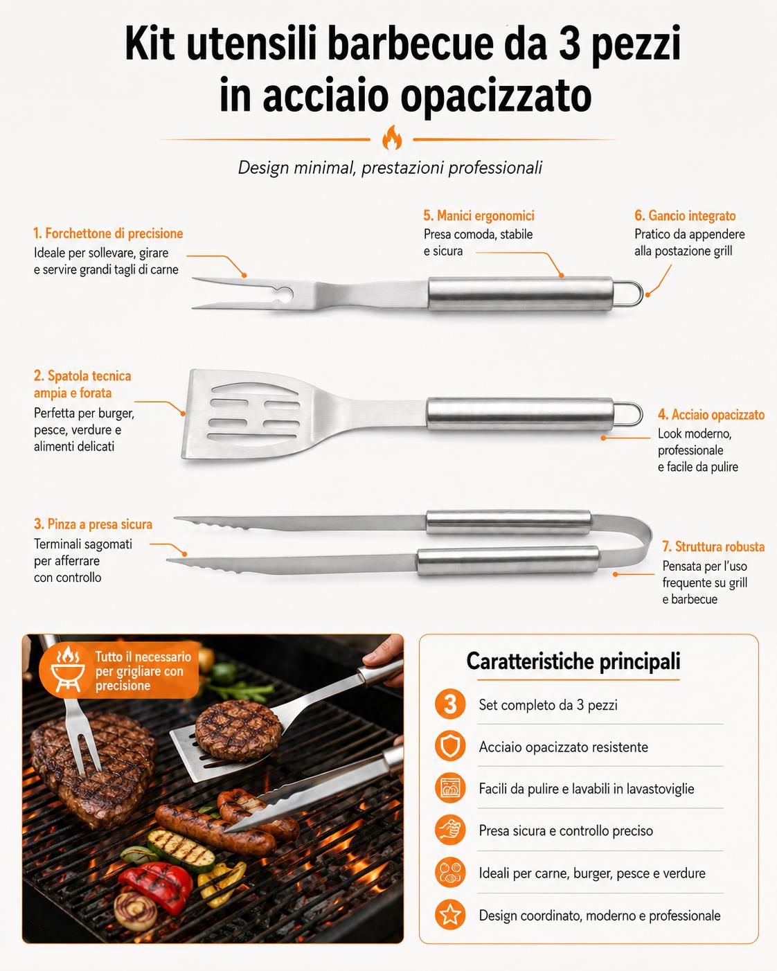 boxob kit utensili barbecue da 3 pezzi in acciaio opacizzato ean 8055594872252